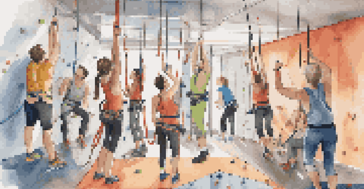 A group of friends in a climbing gym, laughing and supporting each other, showcasing colorful gear and a friendly atmosphere.