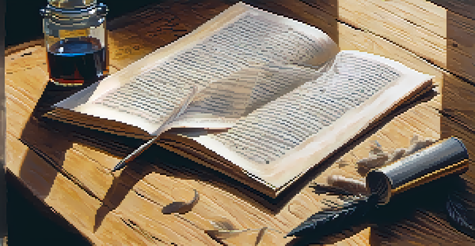 An open play script on a rustic wooden table with a quill pen and ink bottle, illuminated by soft sunlight from a nearby window.
