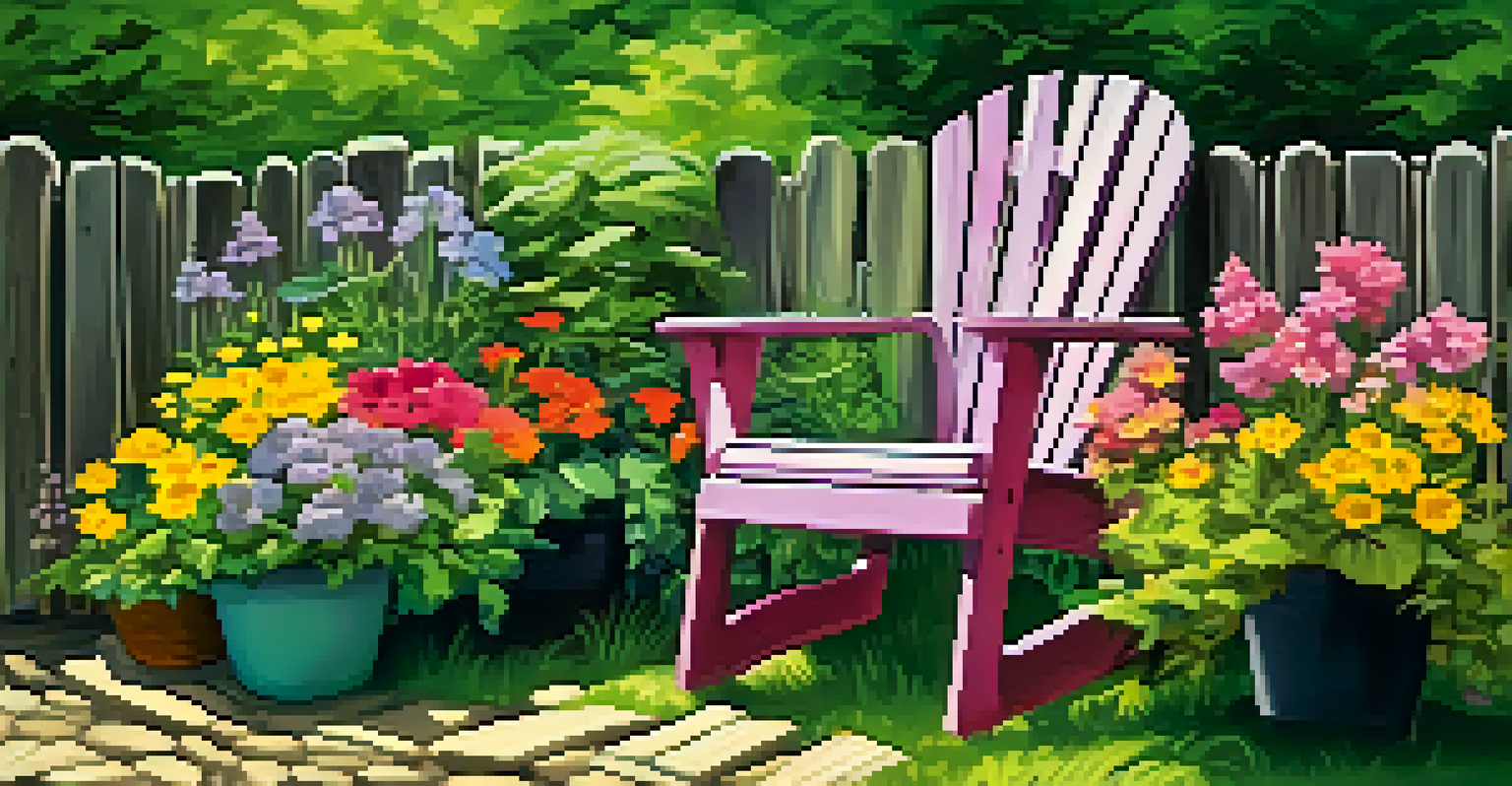 An outdoor garden with an old chair turned into a planter filled with blooming flowers.