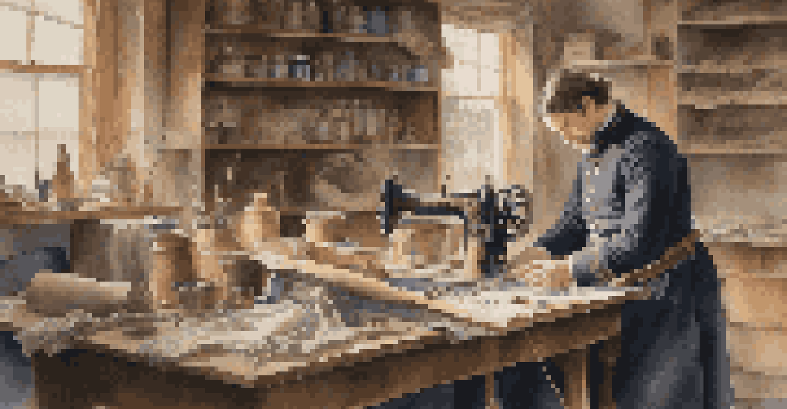 An artisan crafting a period-appropriate Civil War uniform in a workshop filled with fabrics and historical tools, illuminated by warm lighting.