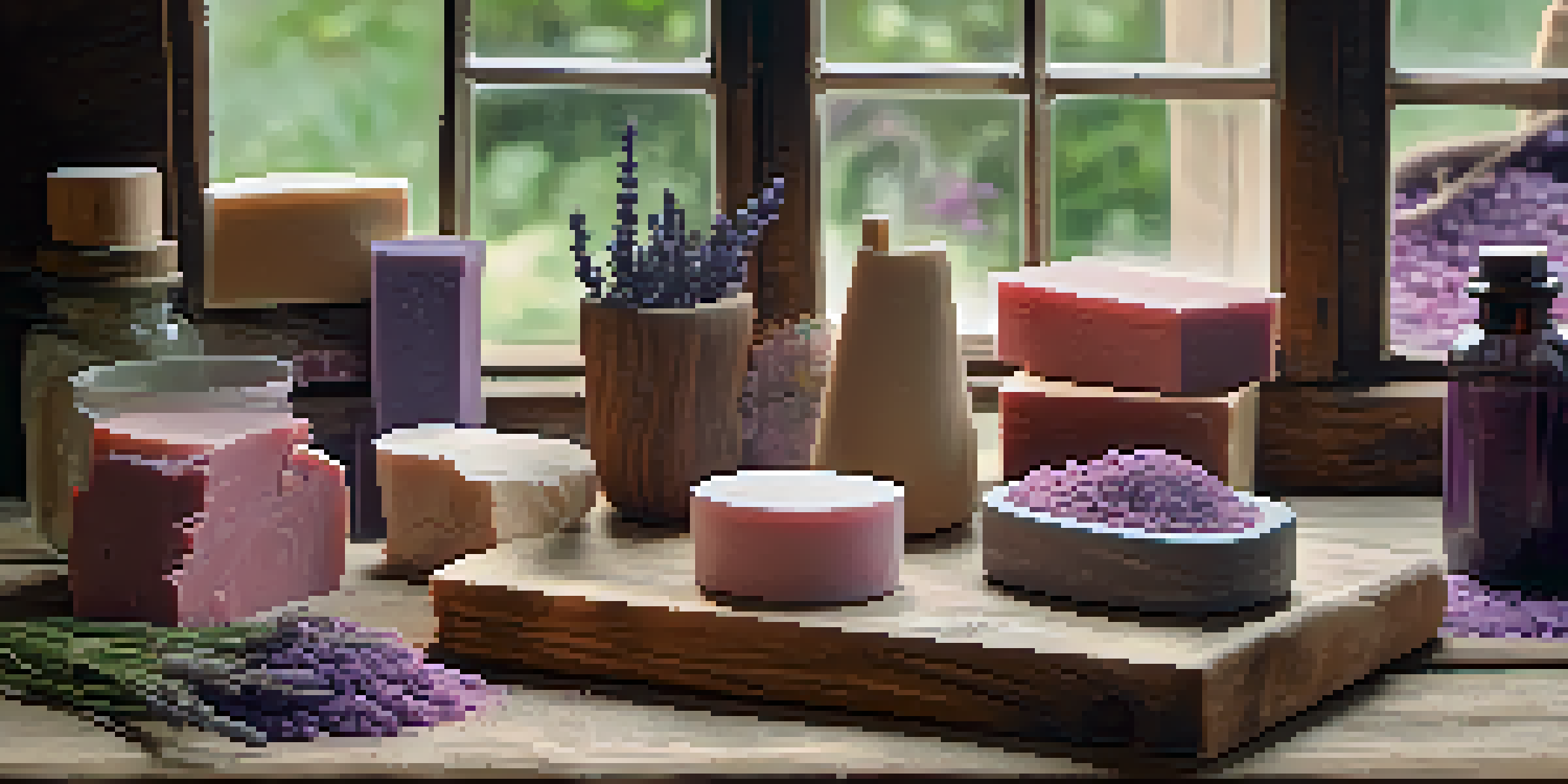A tranquil soap sculpting workspace with wooden molds and vibrant organic soap sculptures, illuminated by natural light.