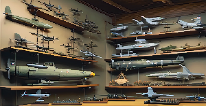 A display of model scales on a wooden shelf, featuring military and aircraft models in different sizes, illuminated by warm lighting.