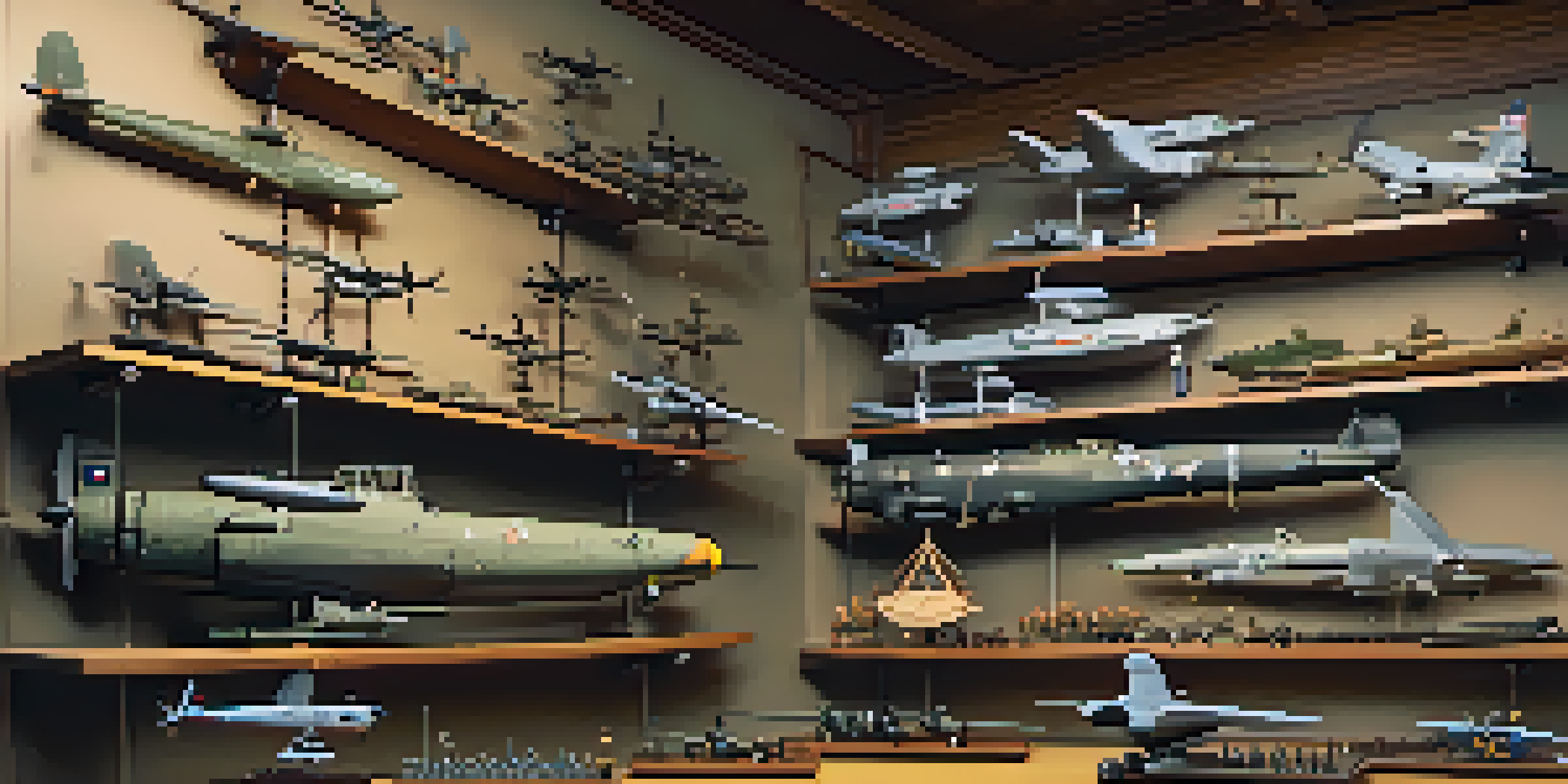 A display of model scales on a wooden shelf, featuring military and aircraft models in different sizes, illuminated by warm lighting.