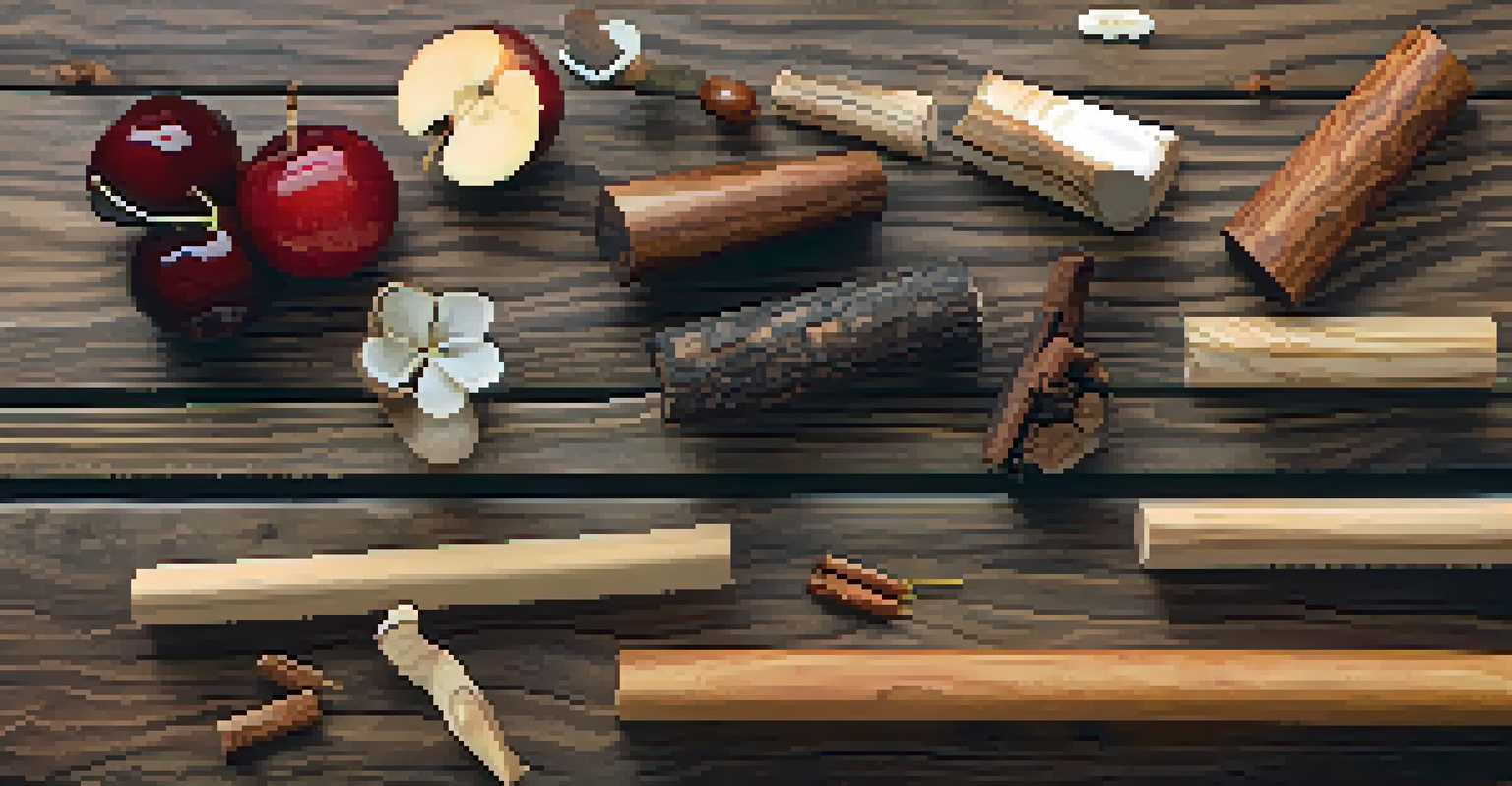 An arrangement of different types of smoking woods, like hickory and applewood, displayed on a wooden surface with labels and smoke wisps around them.
