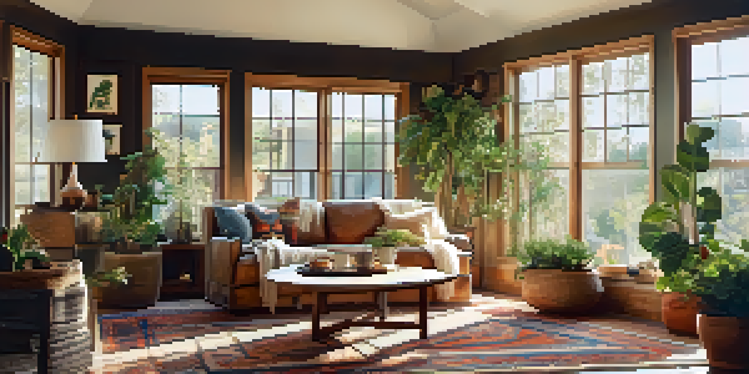 A cozy living room with a handmade rug in warm colors under a coffee table, natural light coming through a window.