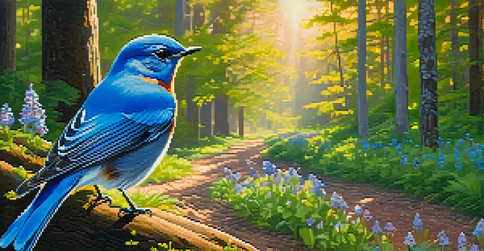 A birdwatcher using a smartphone to observe a bluebird in a sunny forest setting, surrounded by blooming wildflowers.