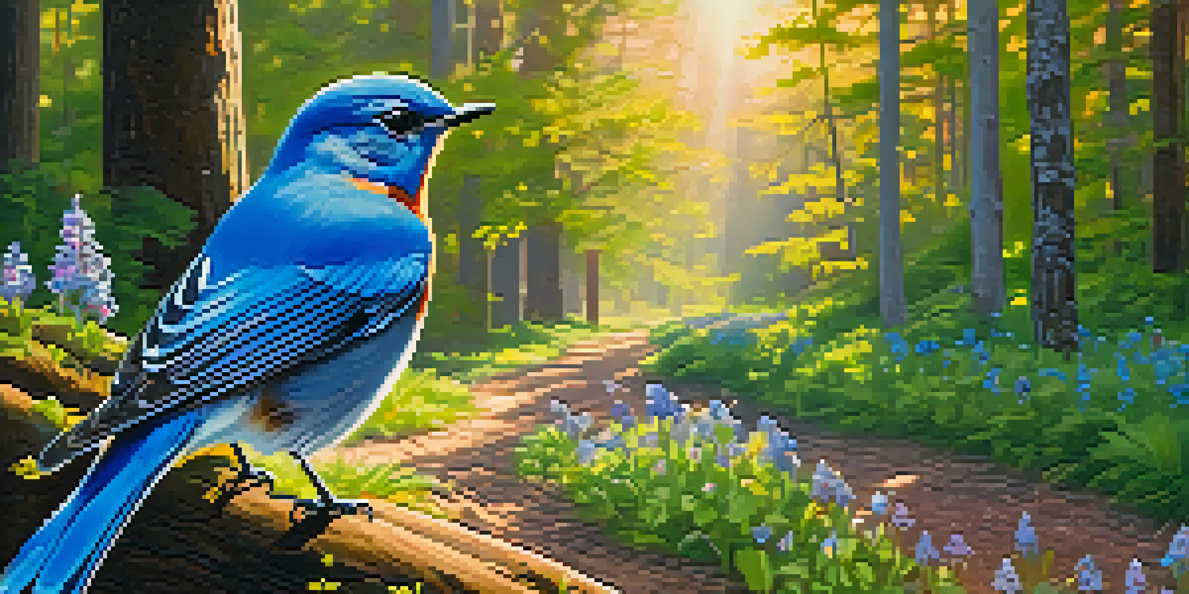 A birdwatcher using a smartphone to observe a bluebird in a sunny forest setting, surrounded by blooming wildflowers.