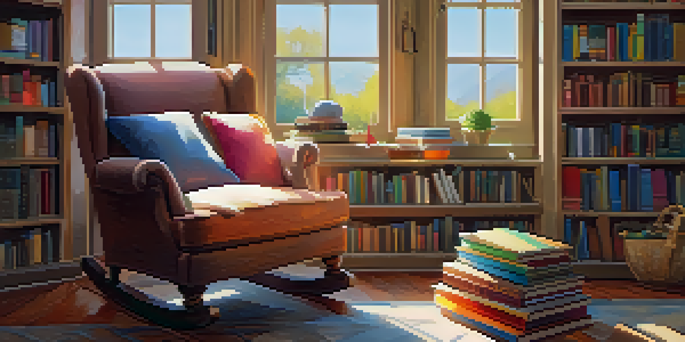 A cozy reading nook with a plush armchair, bookshelves, a cup of tea, and soft natural light, creating a warm atmosphere for reading.