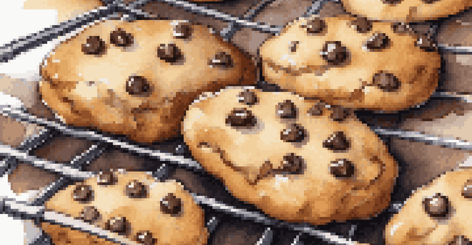 Freshly baked cookies on a wire rack, golden-brown with melting chocolate chips, against a softly blurred background.