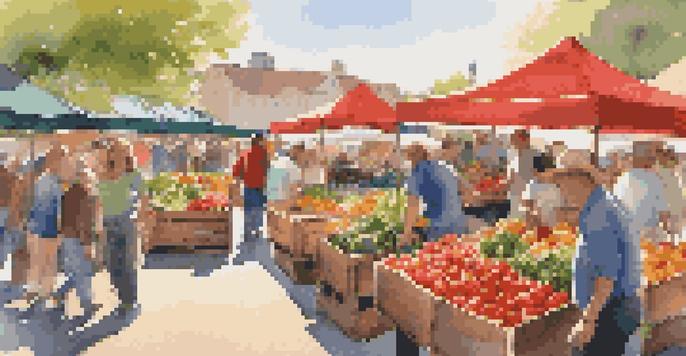 A lively farmers' market filled with colorful seasonal fruits and vegetables, with people shopping and enjoying the sunny day.