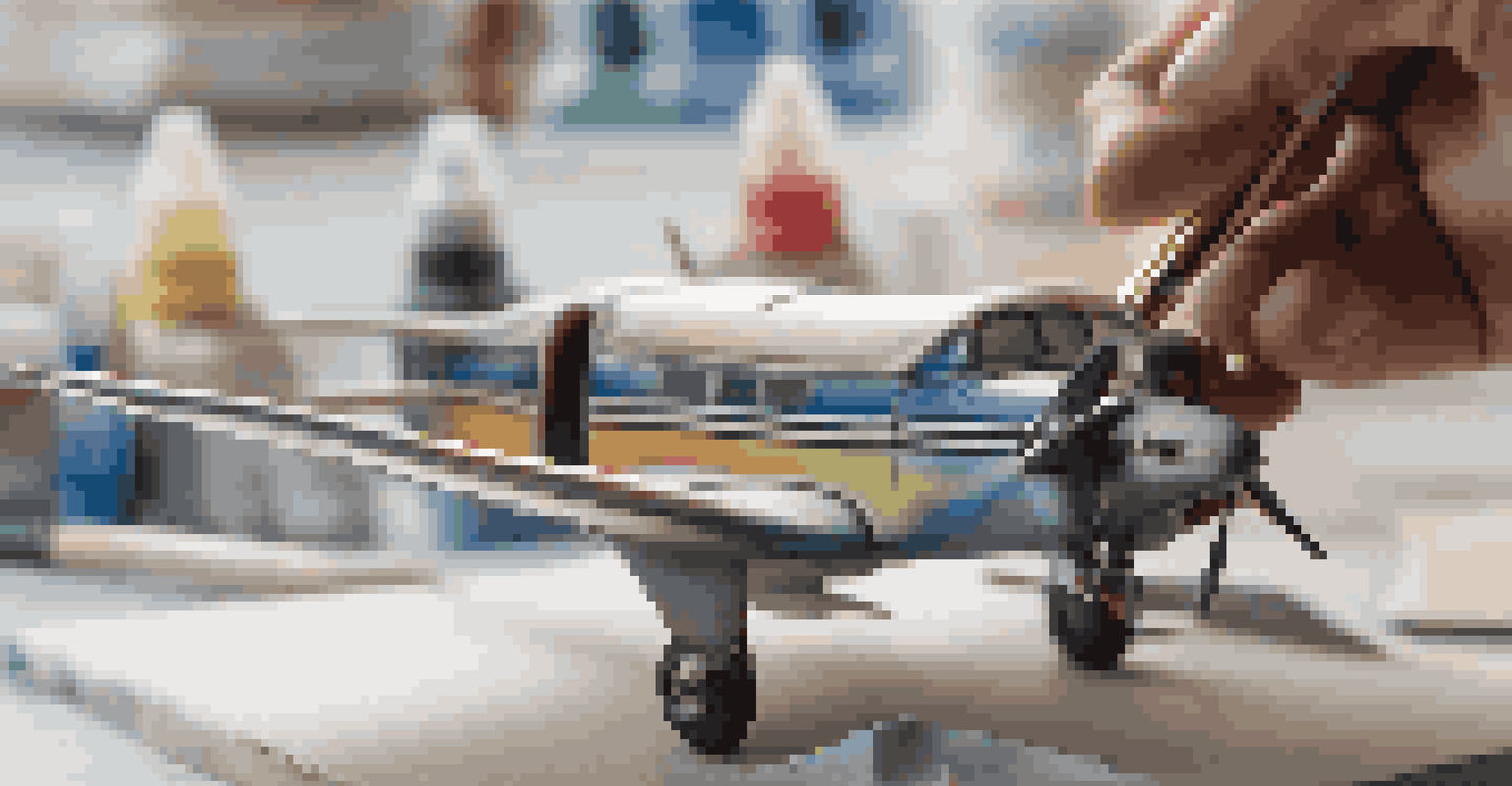 A close-up of a scale model airplane being airbrushed, with paint mist in the air.
