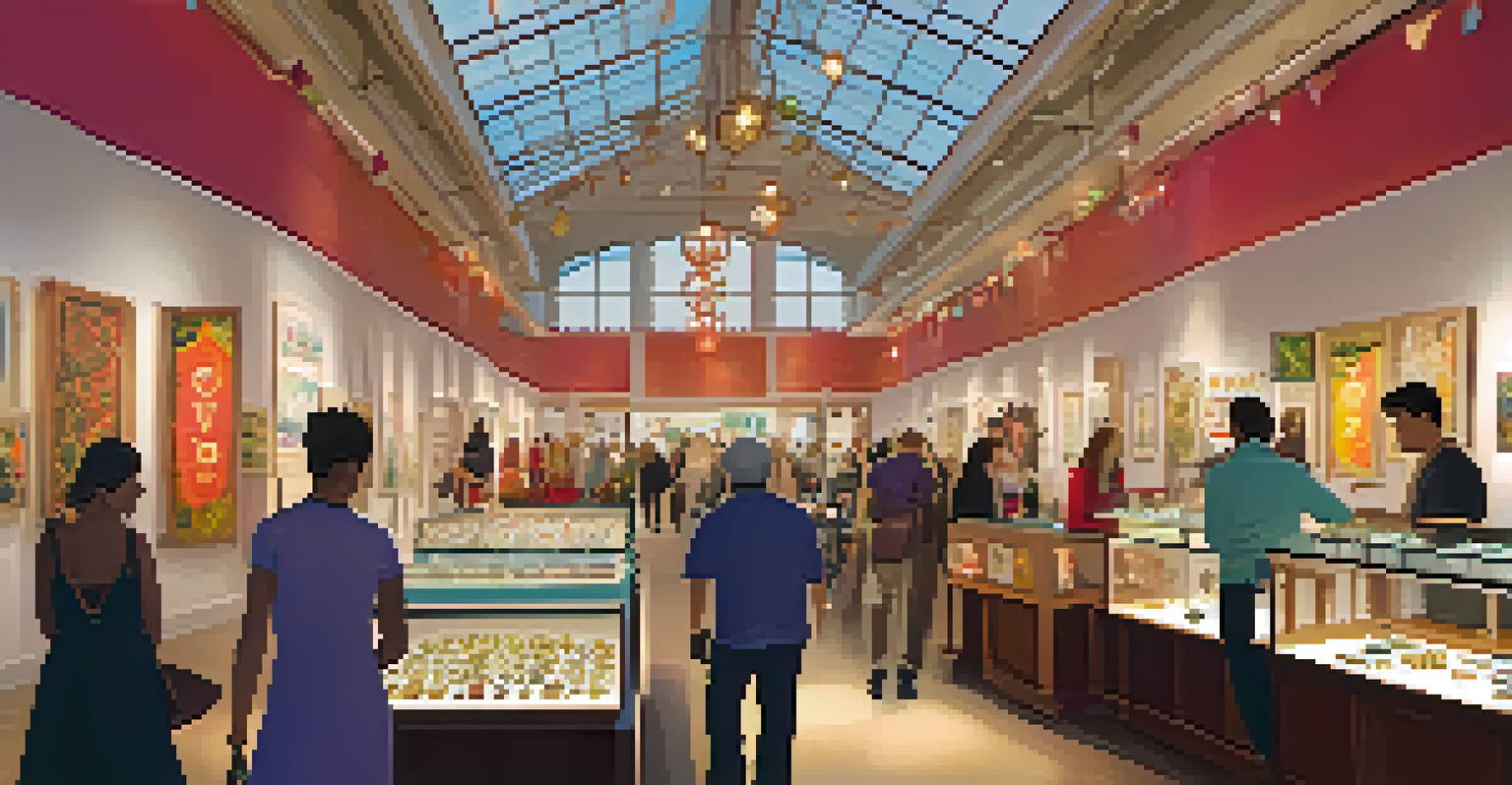 A lively jewelry showcase event with people browsing unique handmade jewelry displays and colorful decorations.