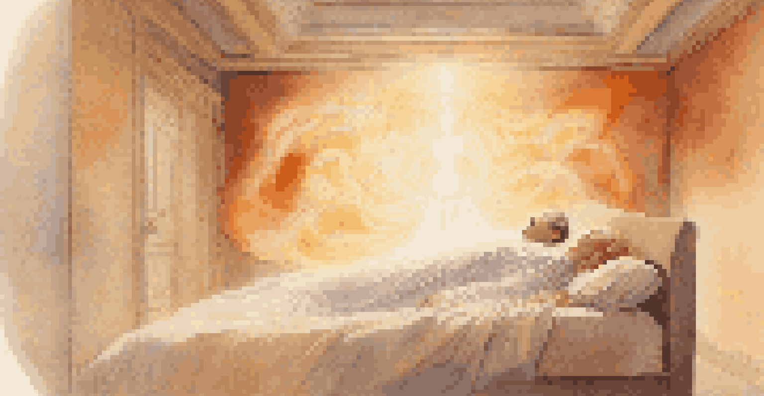 A translucent figure rising above a sleeping person in a softly lit bedroom, surrounded by swirls of light.