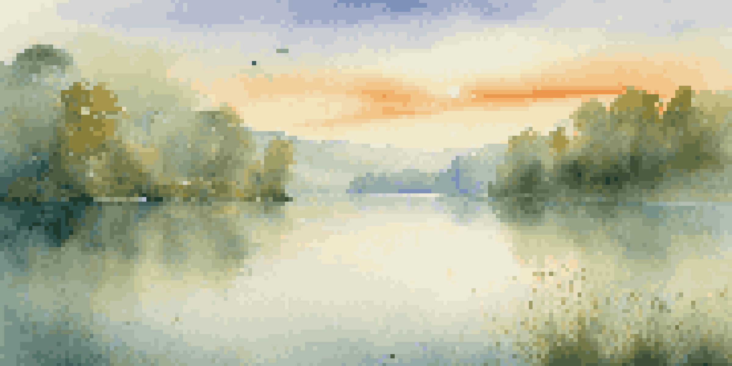 A peaceful lake at dawn with mist, showing colorful fish swimming beneath the clear water, surrounded by green trees and hills.