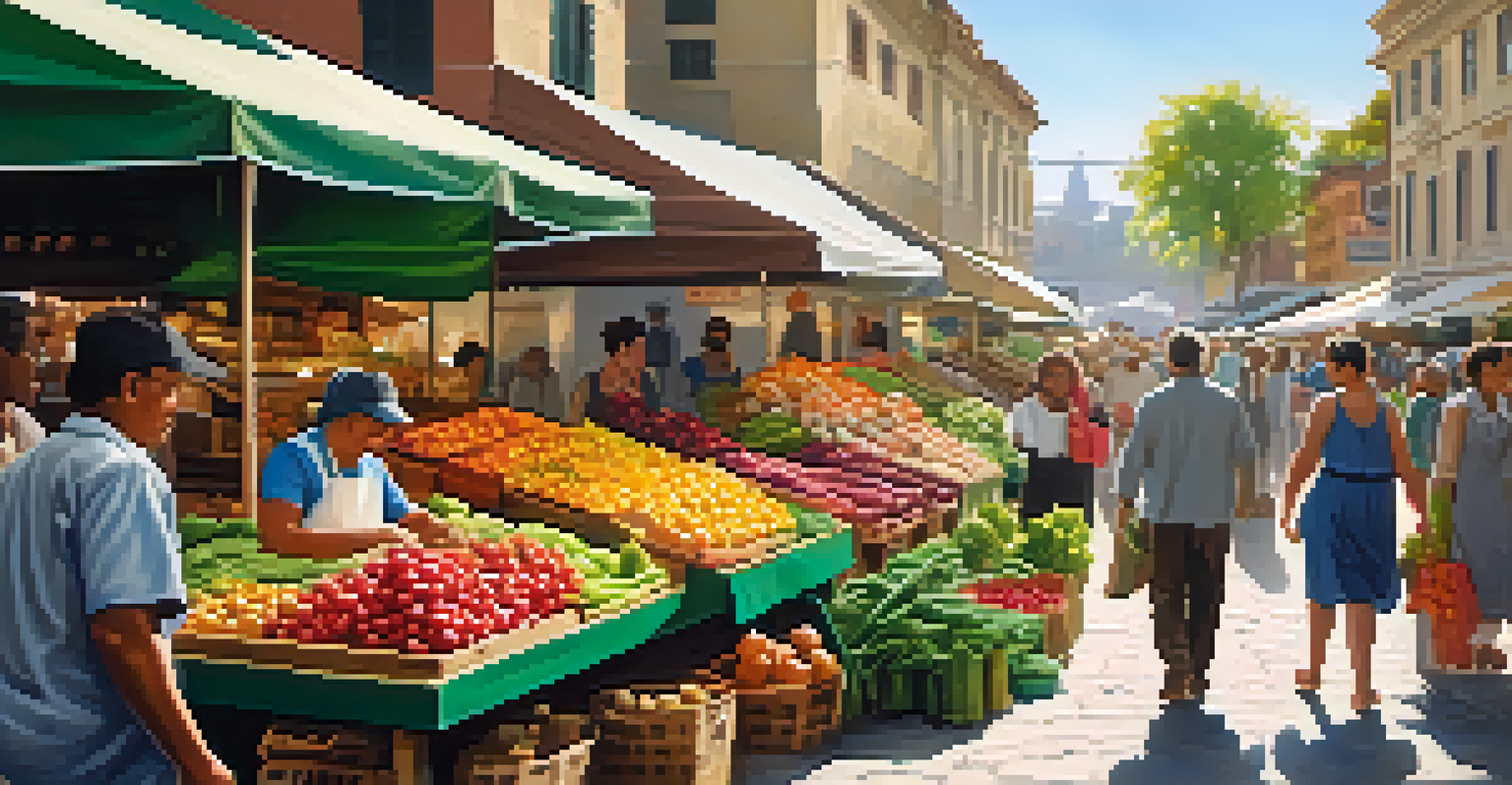 A busy local market with colorful stalls of fruits and vegetables, and artisans selling crafts.
