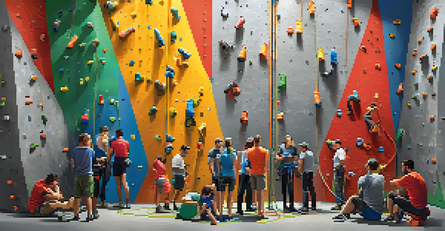 A group of climbers discussing strategies at the base of a climbing wall.