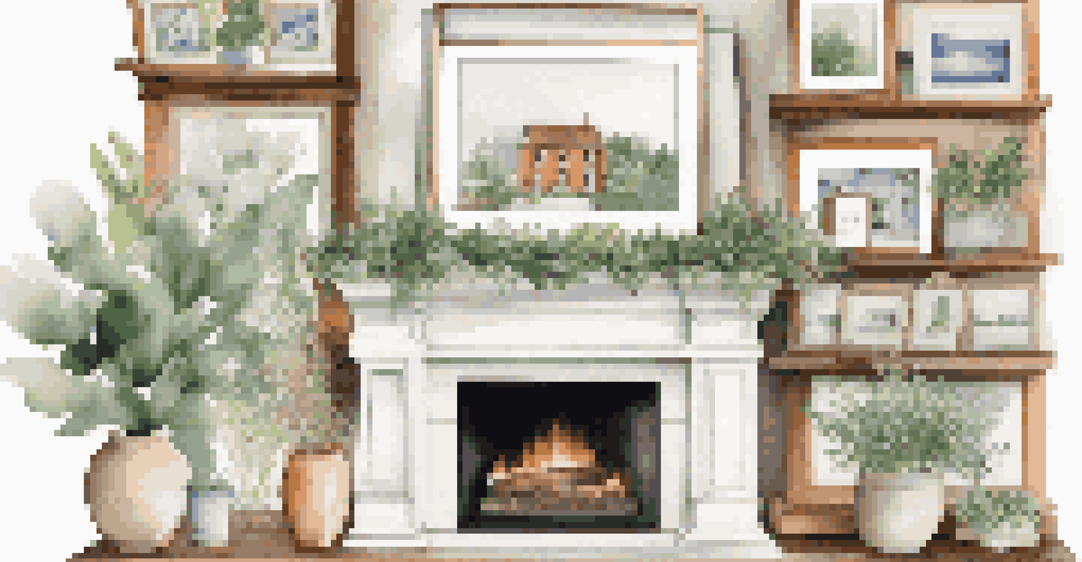 A fireplace mantel decorated with family photos and greenery, featuring colorful artwork as a backdrop.