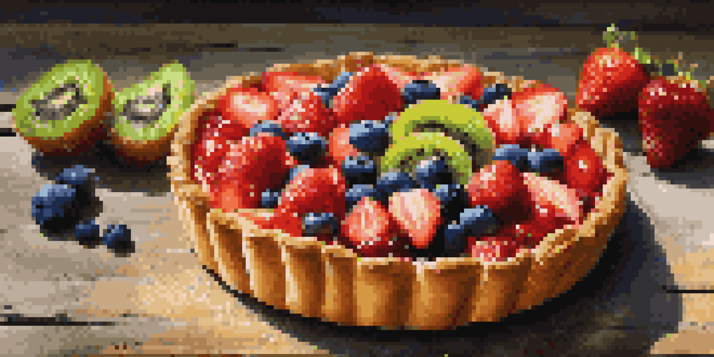 A colorful fruit tart with a golden crust, topped with fresh strawberries, blueberries, and kiwi, placed on a wooden table.