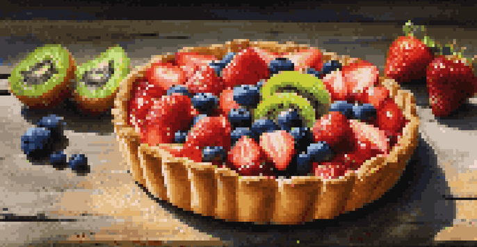 A colorful fruit tart with a golden crust, topped with fresh strawberries, blueberries, and kiwi, placed on a wooden table.