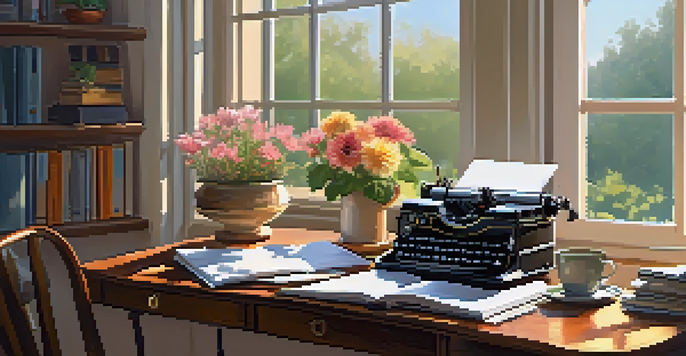 A cozy writer's desk by a window with notebooks, a cup of coffee, and a typewriter, overlooking a blooming garden.