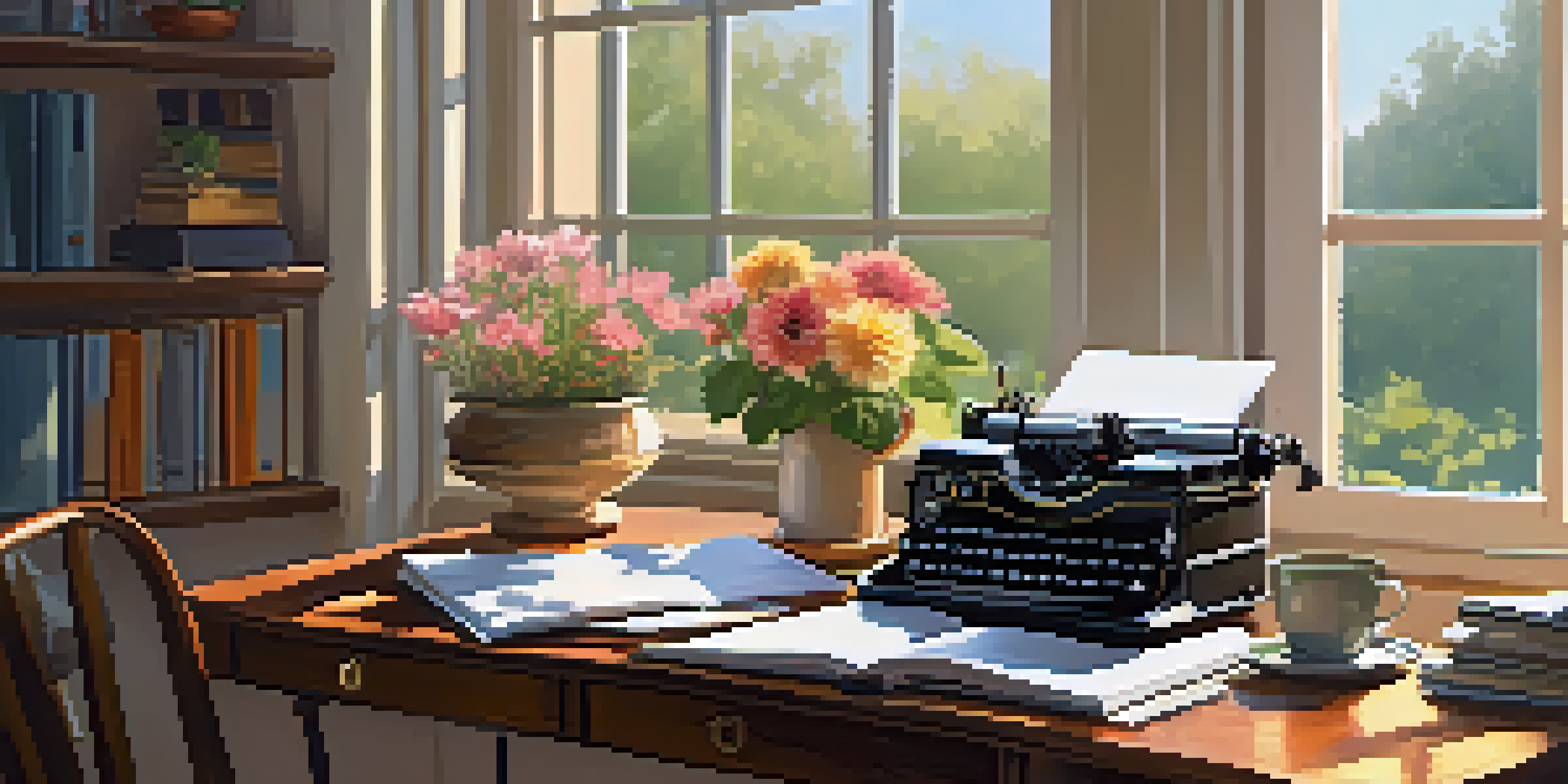 A cozy writer's desk by a window with notebooks, a cup of coffee, and a typewriter, overlooking a blooming garden.