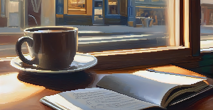 A close-up of an open notebook with handwritten personal stories in a cozy coffee shop, with a steaming cup of coffee and warm sunlight streaming in.