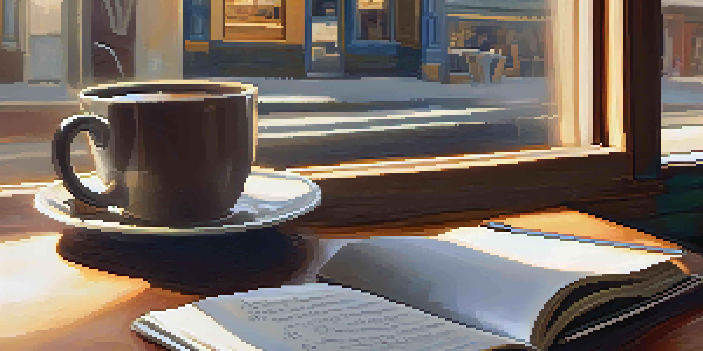 A close-up of an open notebook with handwritten personal stories in a cozy coffee shop, with a steaming cup of coffee and warm sunlight streaming in.