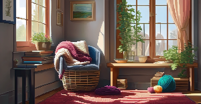 A cozy indoor knitting scene with a person knitting a colorful scarf, sunlight streaming through the window, and various yarns displayed around them.