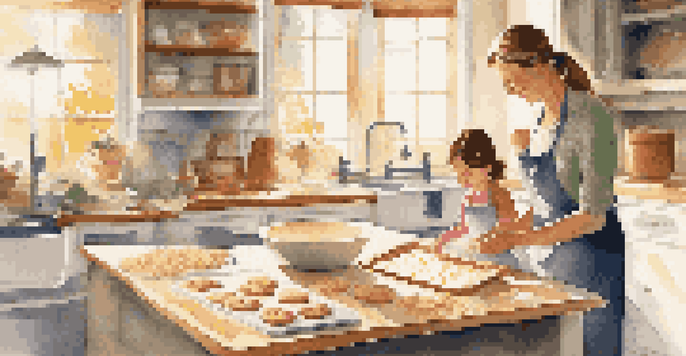 A parent and child happily baking together in a sunlit kitchen, with flour on the countertop and colorful cookie cutters around them.