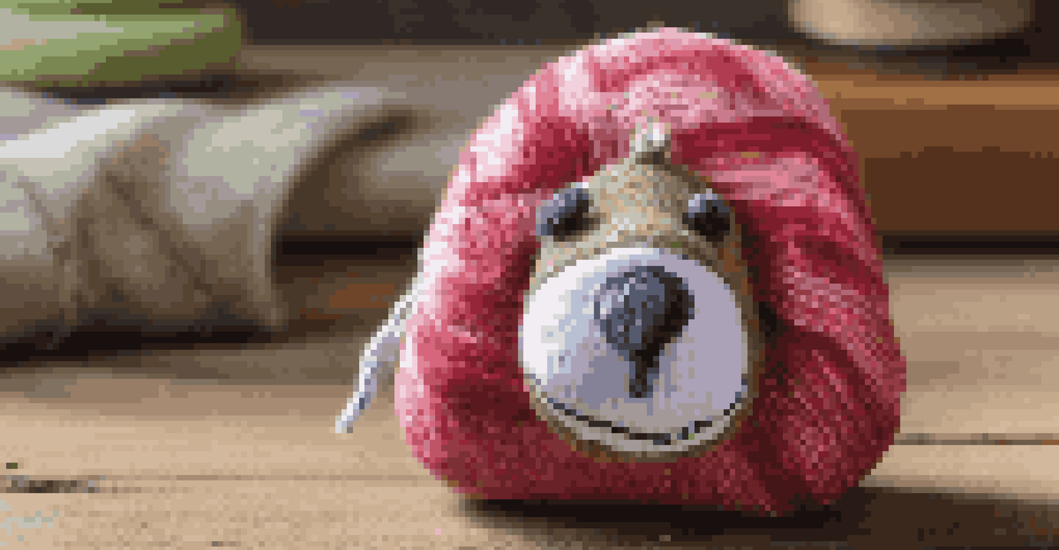 A close-up of a DIY sock dog toy on a wooden table with crafting materials in the background.