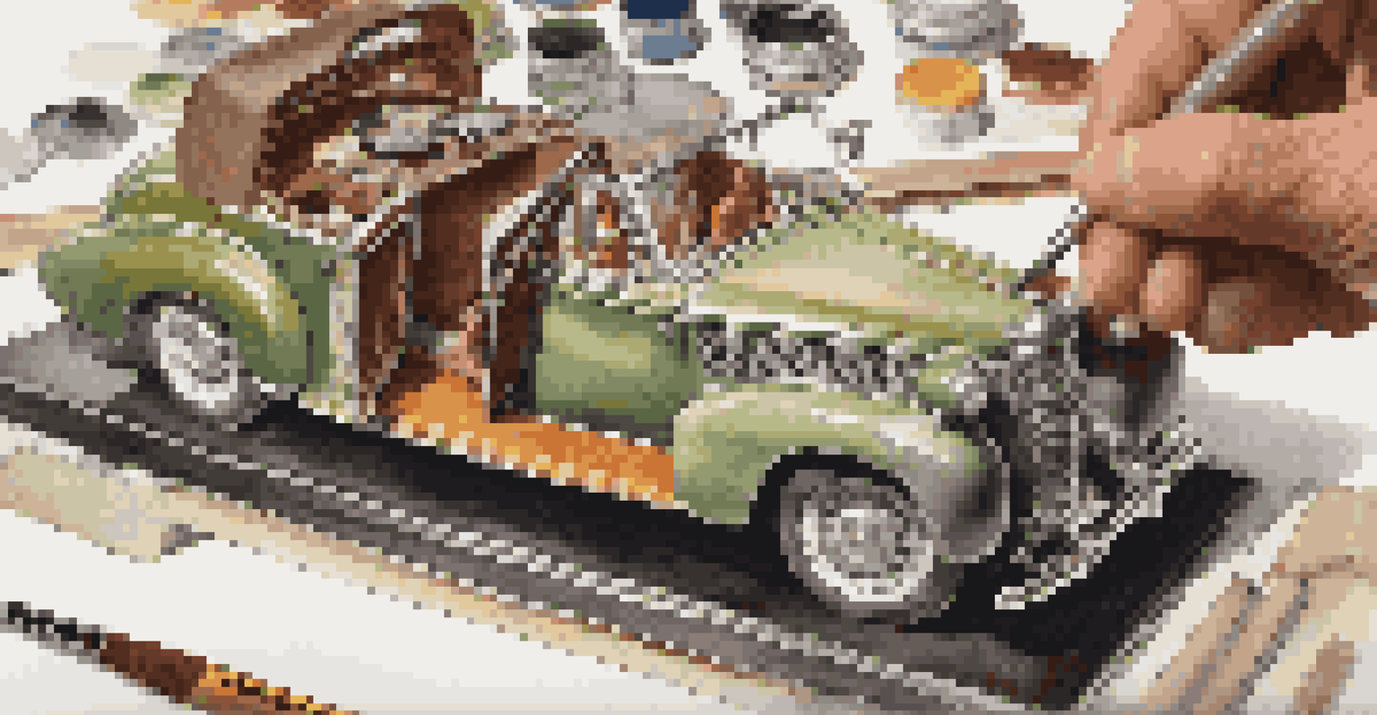 An artist painting a detailed scale model of a vintage car with a fine detail brush.