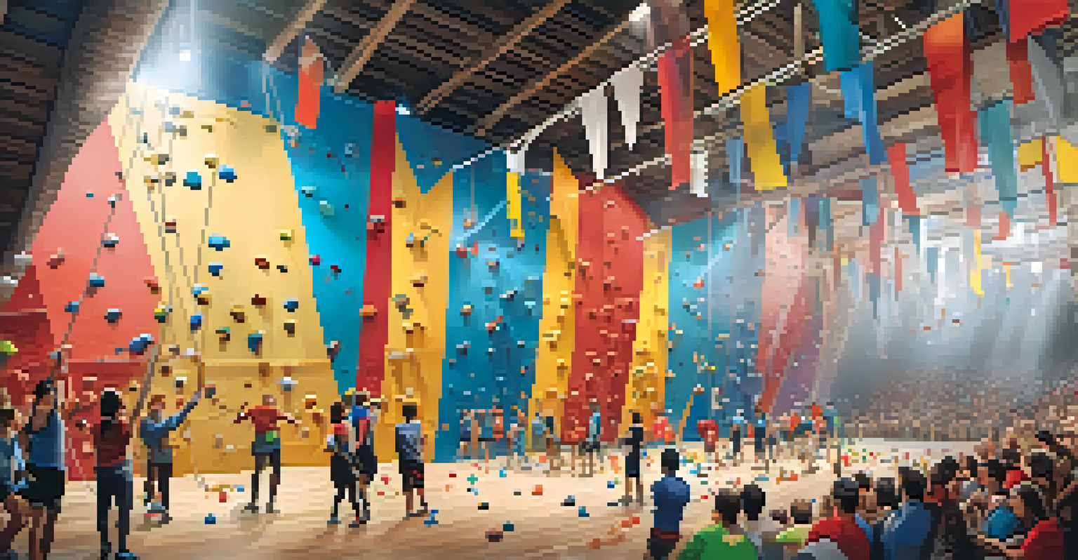 An indoor climbing competition with climbers on the walls and spectators cheering, decorated with colorful banners and flags.