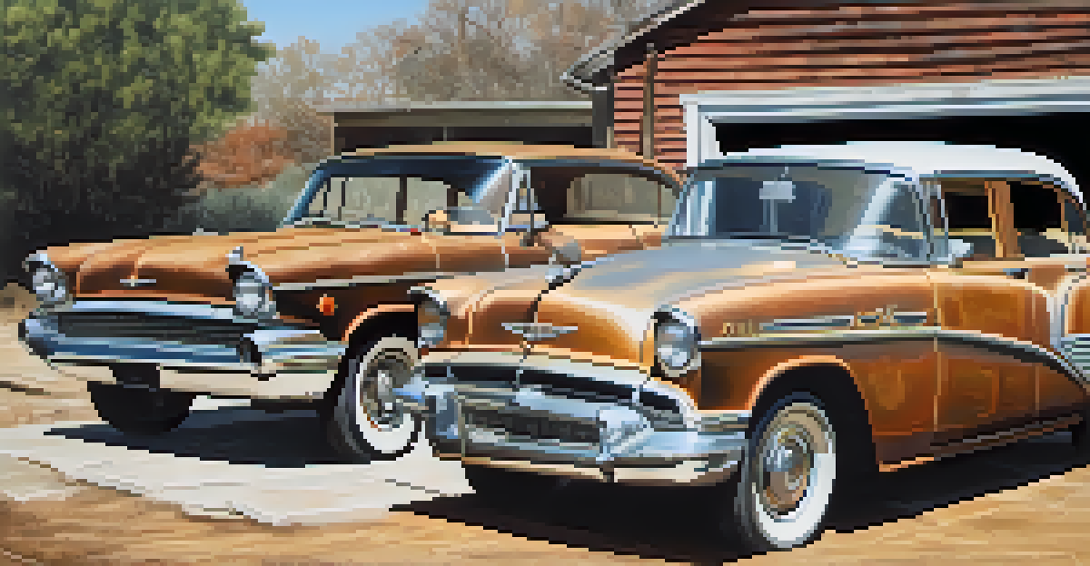 A collage showing a vintage car before and after restoration, highlighting the transformation in a garage setting.