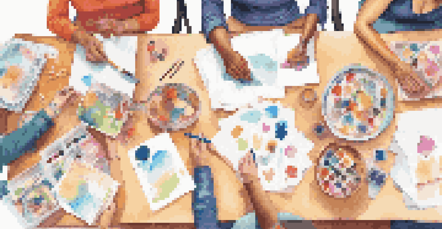 A lively card-making party with friends creating colorful handmade cards at a craft-filled table.