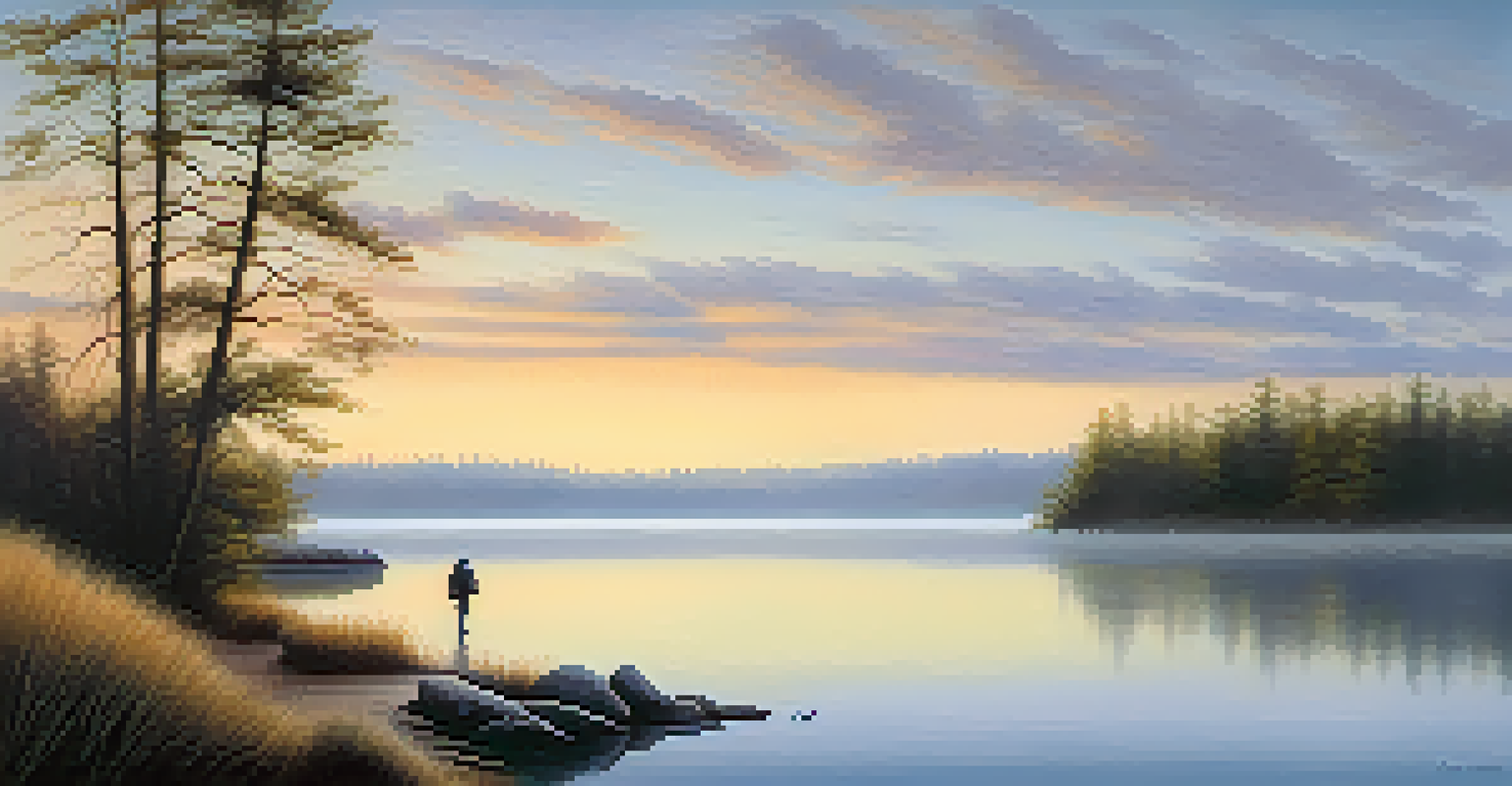 A solitary hiker walking along a misty lakeside path during sunrise, with soft pastel colors in the sky.