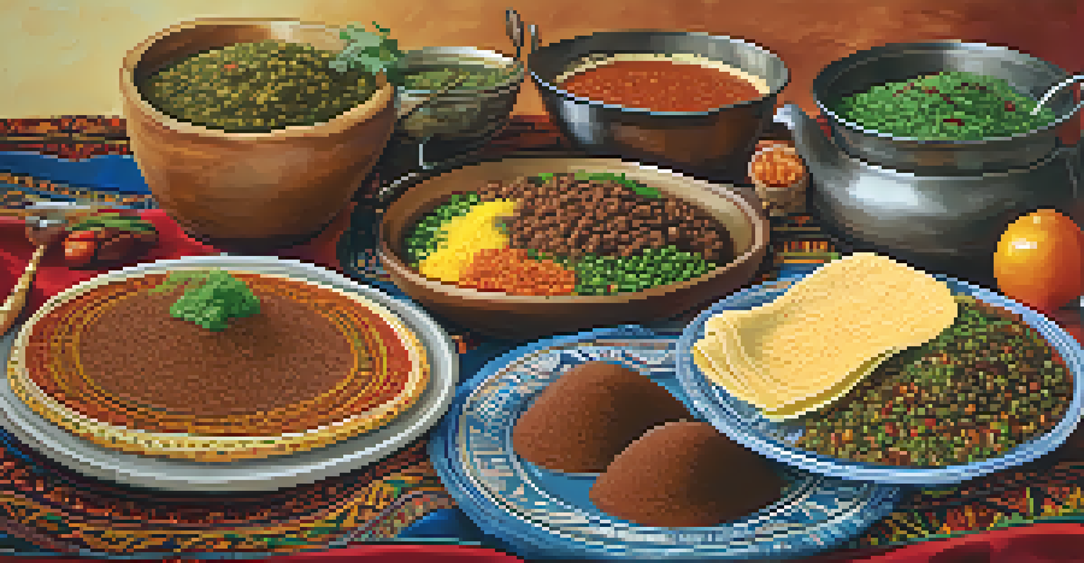 An Ethiopian meal featuring injera topped with colorful stews and vegetables, set on a traditional patterned tablecloth.