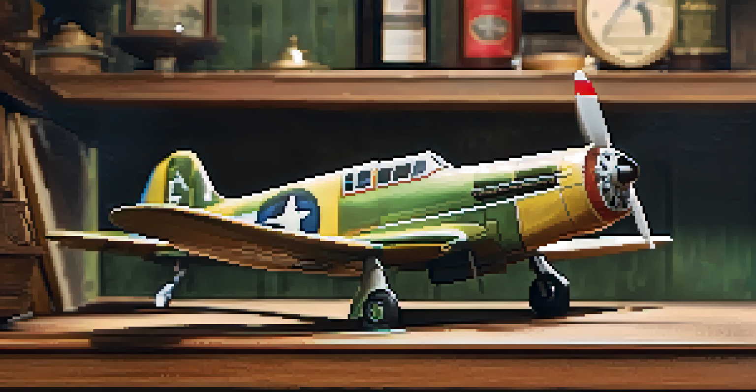 A close-up of a finished scale model airplane on a shelf, showcasing realistic paint detailing and weathering effects.