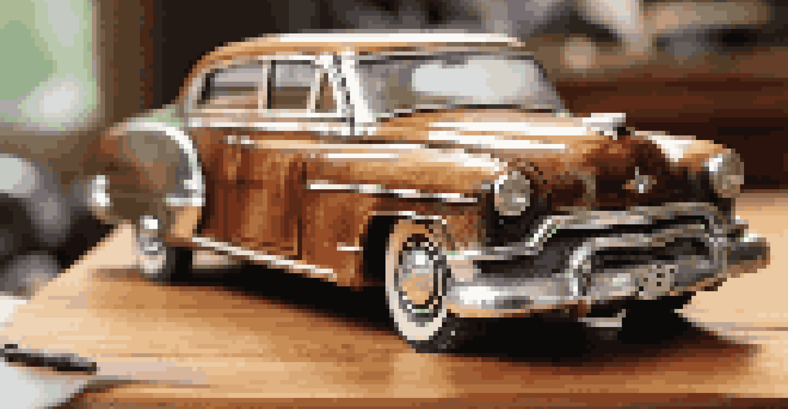 A finished resin model of a vintage car on a polished surface, showcasing glossy paint and weathering effects, with modeling tools in the background.