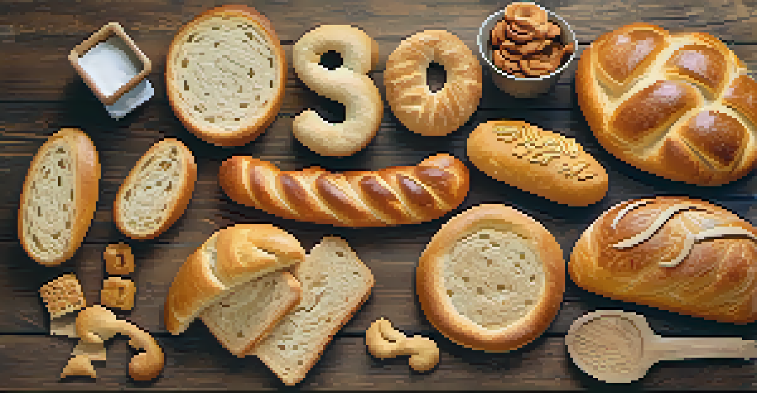 A child showcasing their freshly baked bread shaped like animals and letters on a wooden table, looking proud.