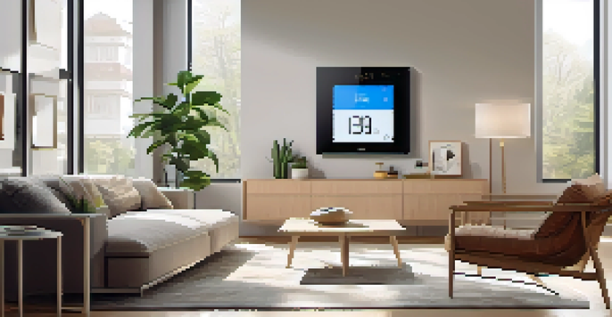 A bright modern living room with a smart thermostat on the wall and a smartphone showing temperature controls.