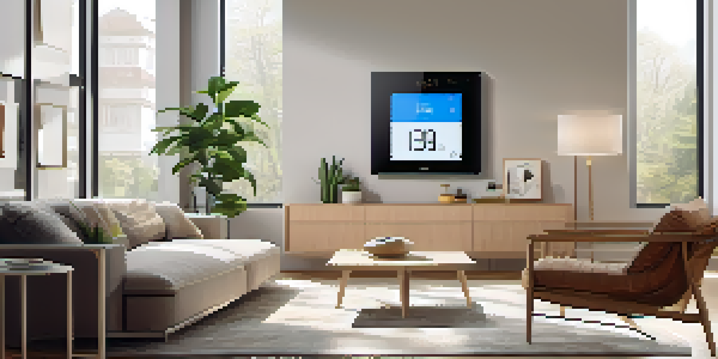 A bright modern living room with a smart thermostat on the wall and a smartphone showing temperature controls.