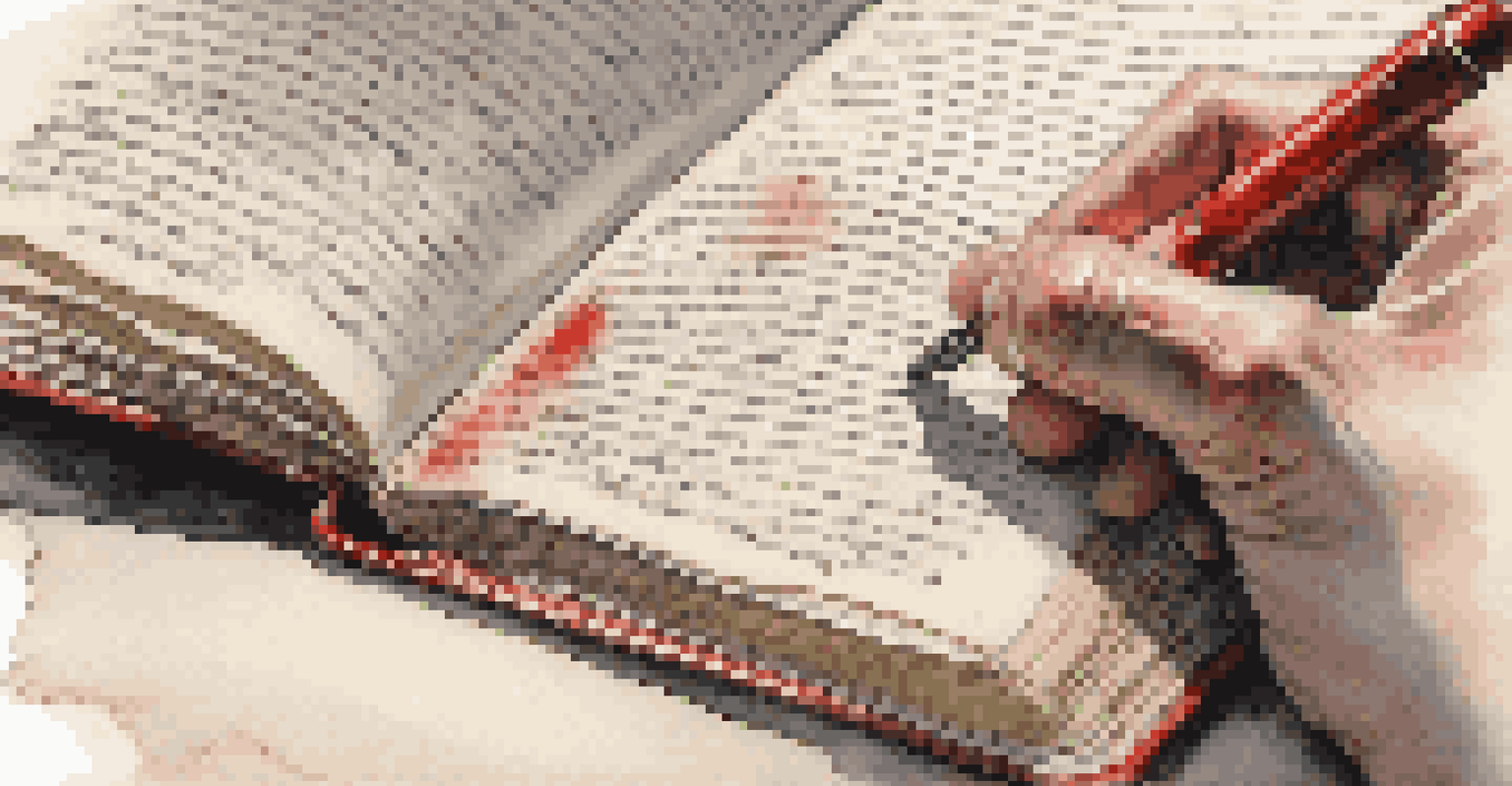 Close-up of a historian's hands revising a manuscript with a red pen, showing handwritten notes and highlighted sections.