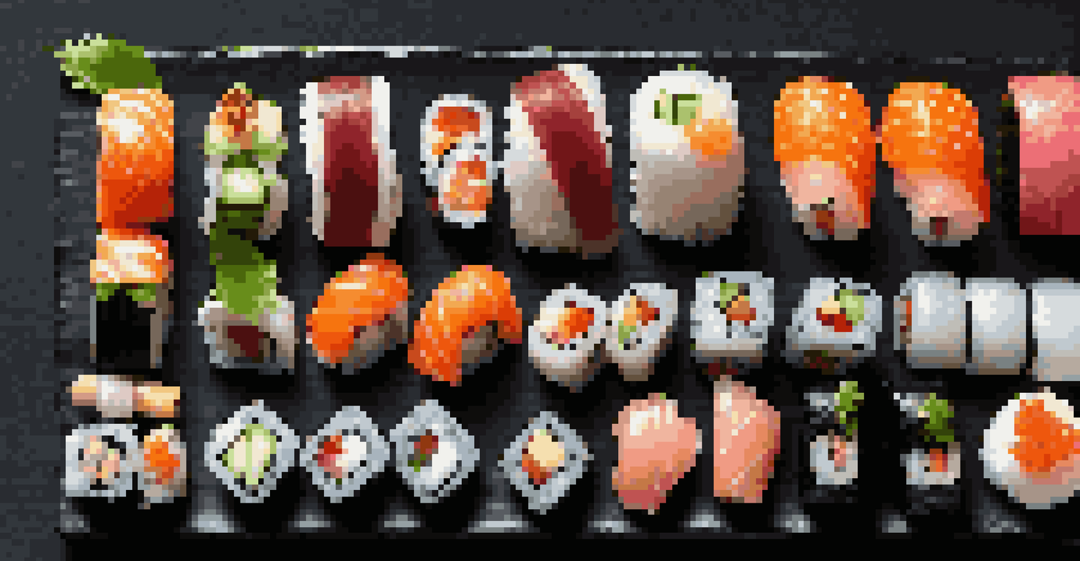 An elegant sushi platter featuring nigiri and maki rolls, garnished with wasabi and pickled ginger, set on a black slate board.
