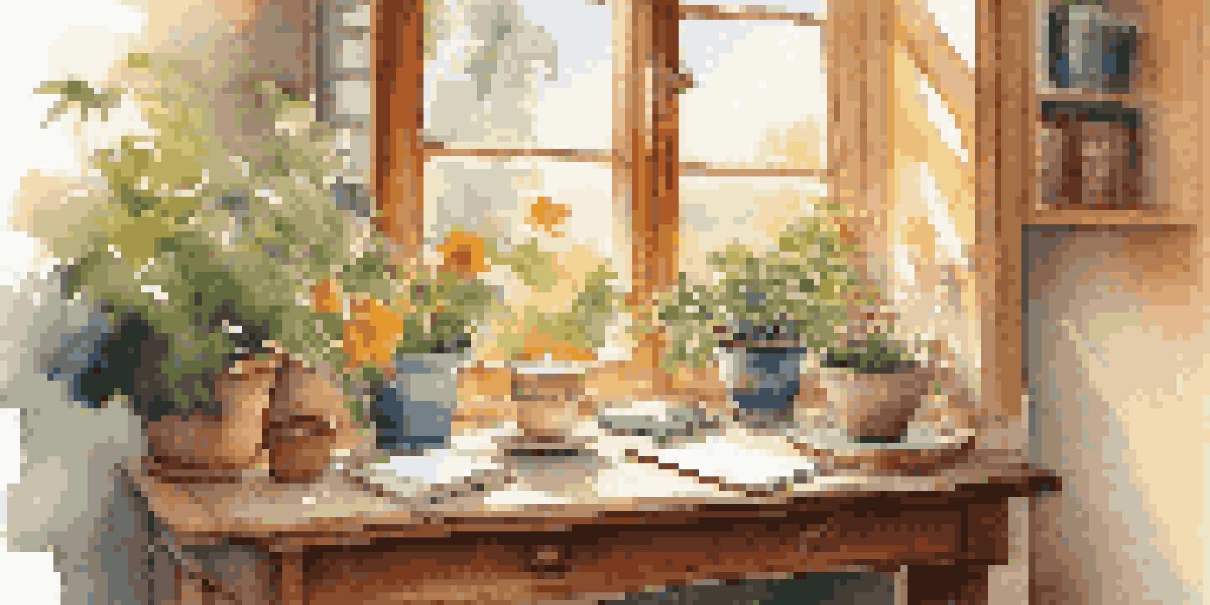 A cozy writing space with a desk, notebook, tea, and a view of a vibrant garden filled with flowers.