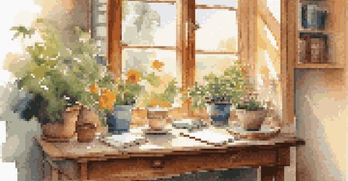A cozy writing space with a desk, notebook, tea, and a view of a vibrant garden filled with flowers.