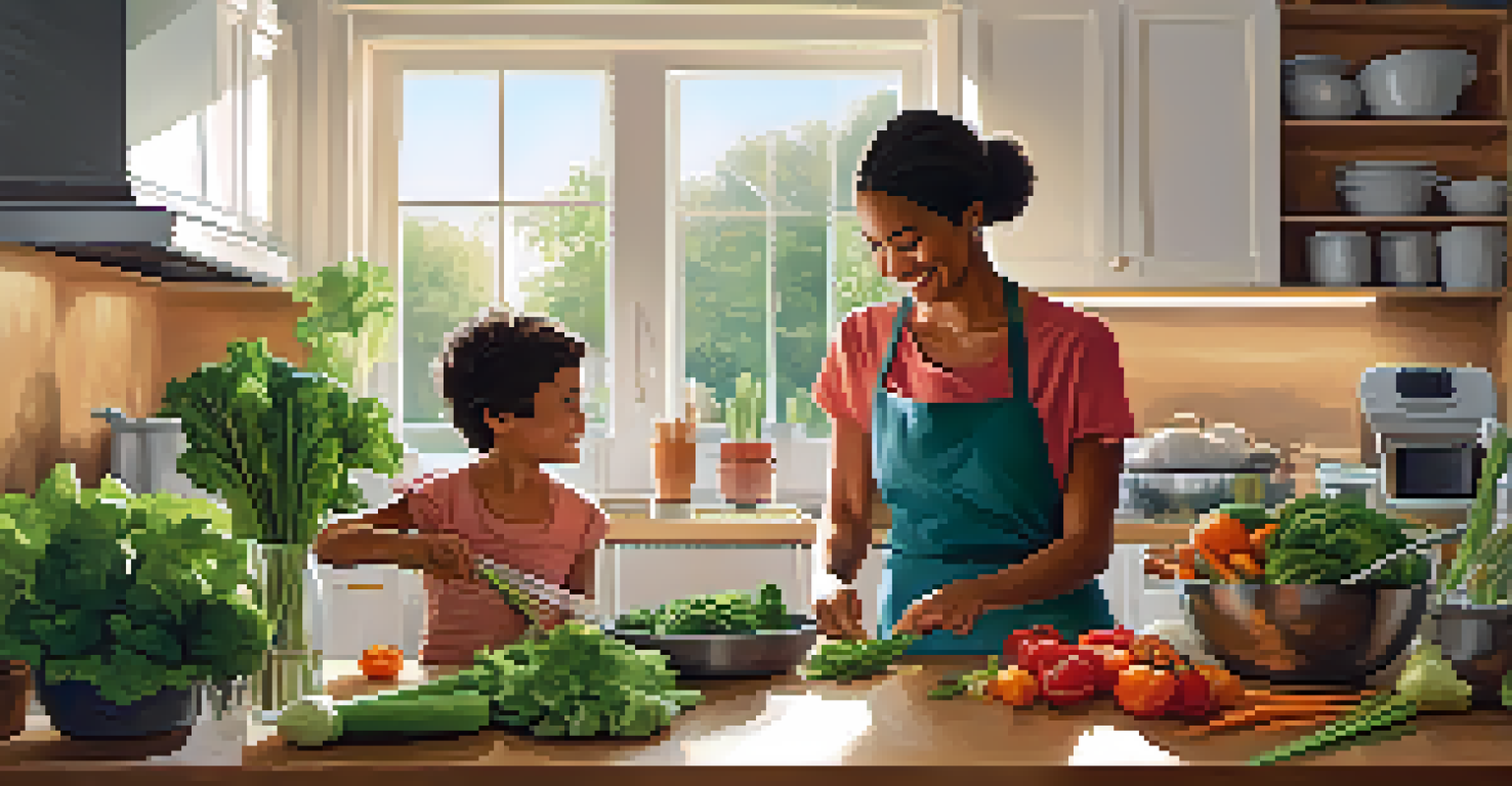 A parent and child cooking together in a bright kitchen filled with fresh vegetables, smiling and enjoying their time.