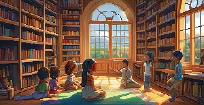A cozy library with children gathered around a storyteller, captivated by the narrative, illuminated by warm light.