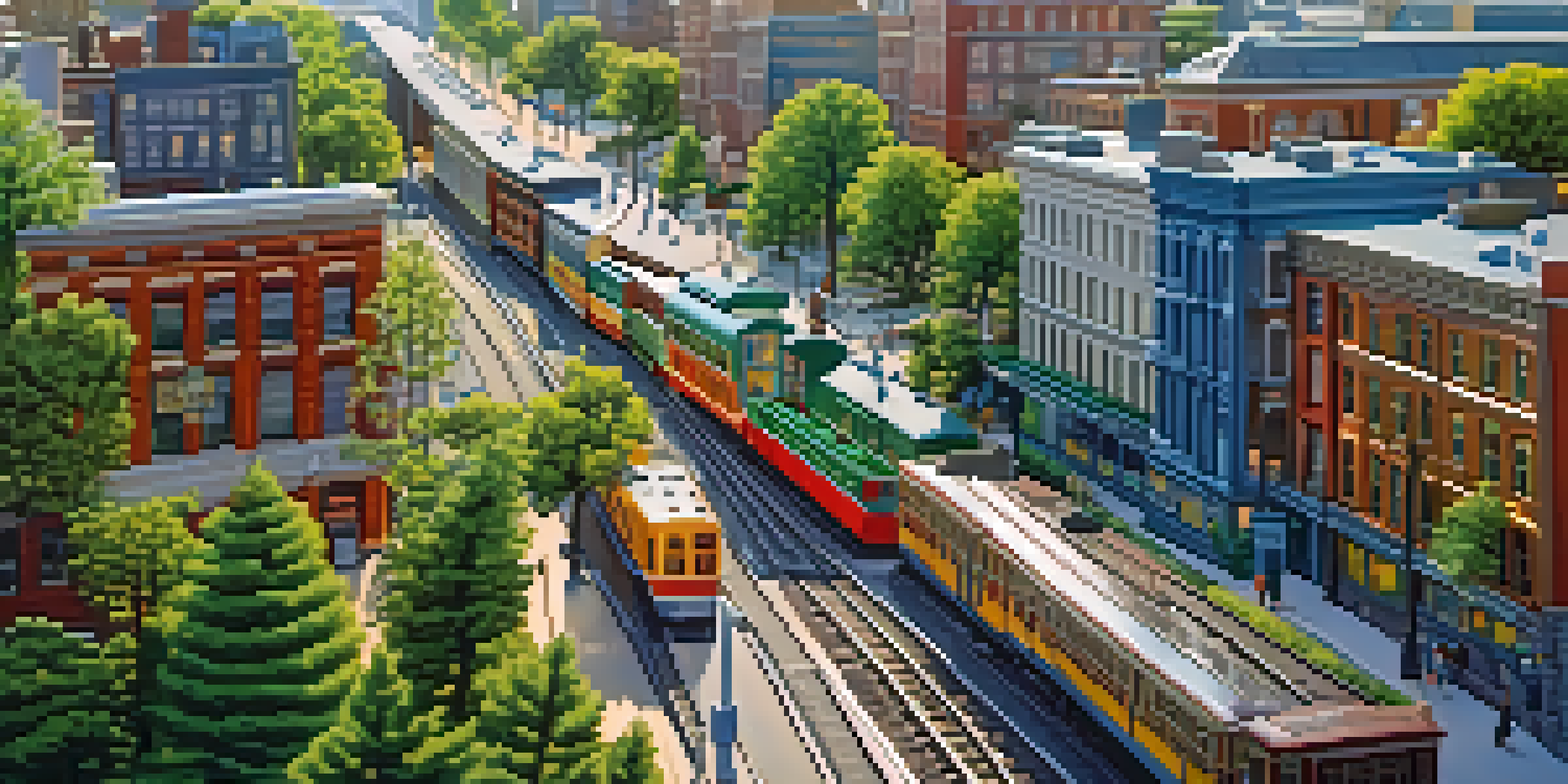 A detailed model railroad layout depicting a busy city with miniature trains, buildings, and trees under a clear blue sky.