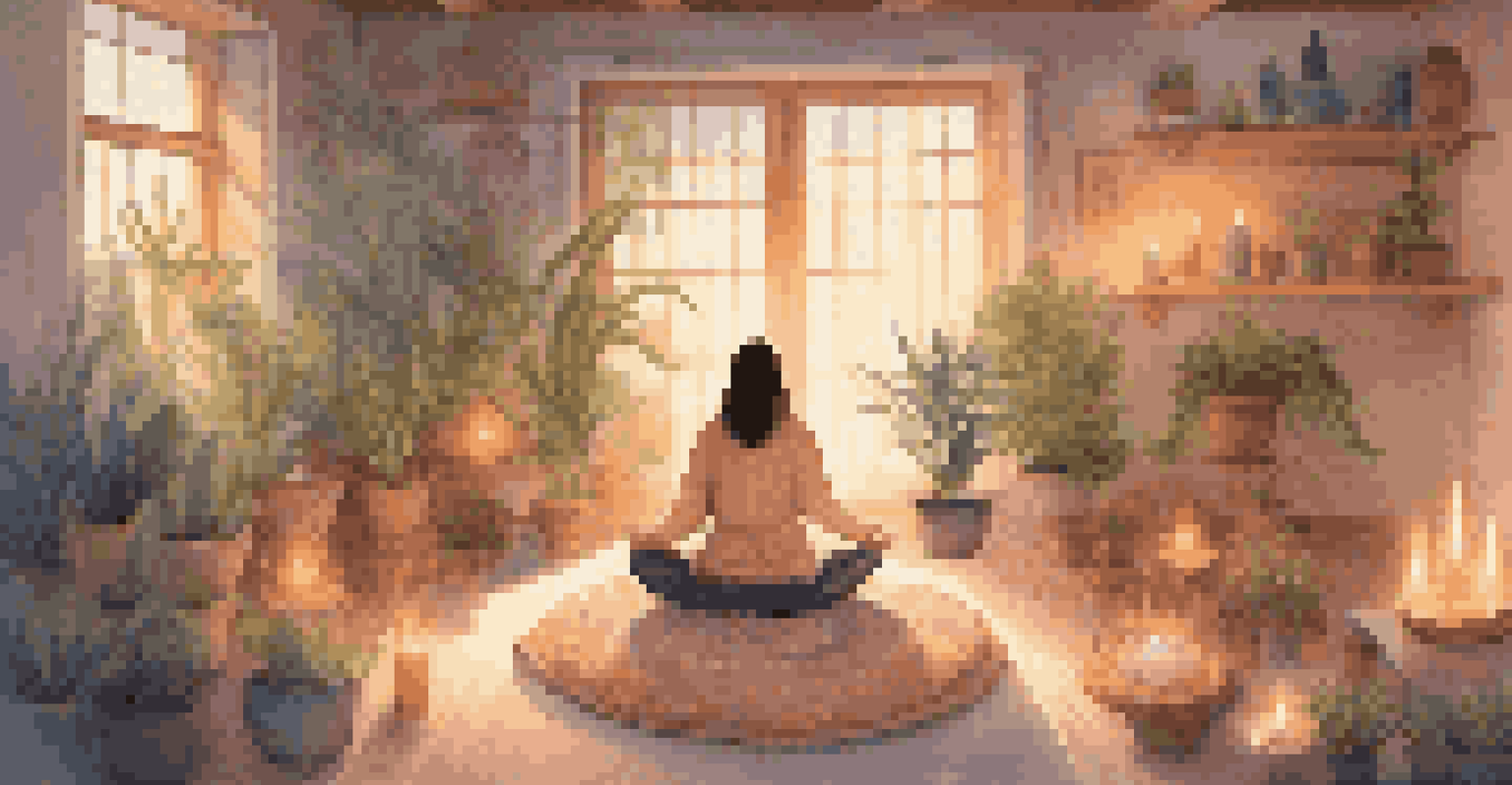 A peaceful indoor meditation space with candles and crystals, featuring a person meditating with a soft glow around them.