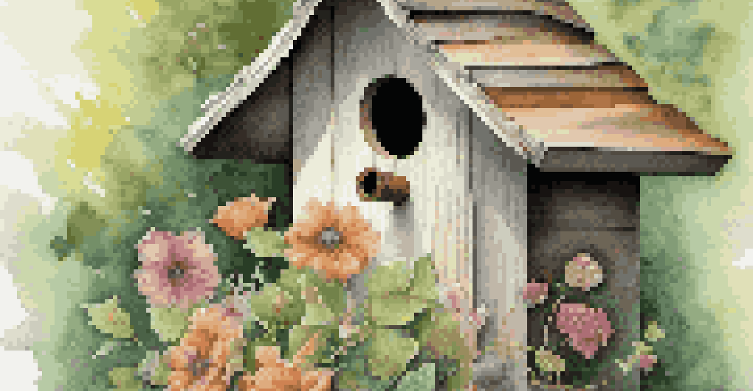 A close-up of a handcrafted birdhouse made from reclaimed wood, featuring intricate carvings and surrounded by colorful flowers and greenery.